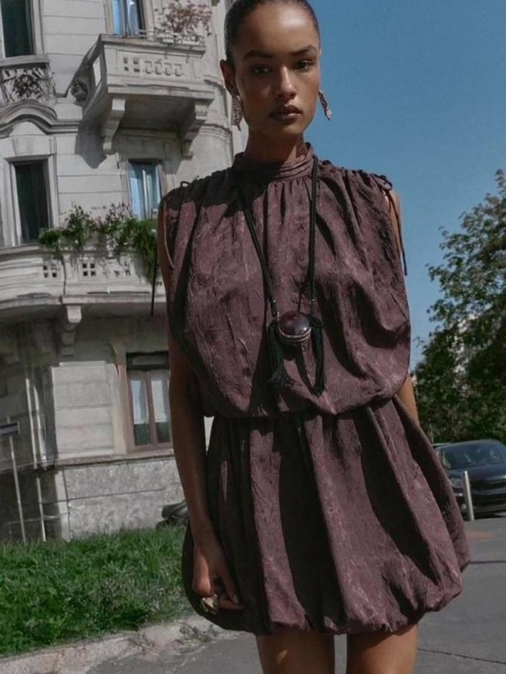 NWT Zara Sleeveless Bubble Hem Mini Dress In Chocolate Brown - L